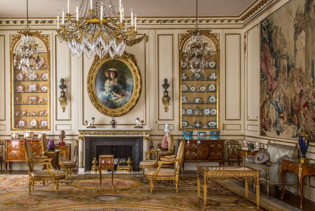 The French Drawing Room is resplendent with Beauvais tapestries, Sèvres porcelain, glistening gold boxes, and Gobelin tapestry-upholstered chairs. 