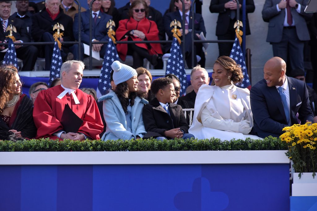Dawn Flythe Moore with Governor Wes Moore and her family during the inauguration ceremony on January 18, 2023.