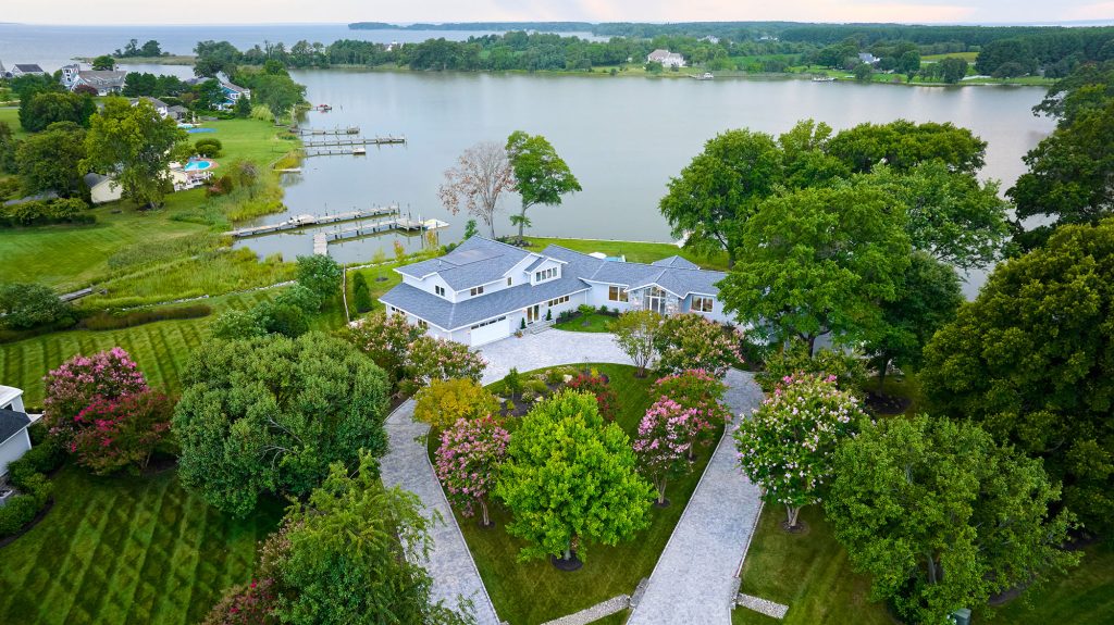 This 6,000-square-foot rancher is located in Cove Creek Club, a boutique golf and boating  community on the Eastern Shore. A family of eagles lives in one of the trees at the water’s edge.